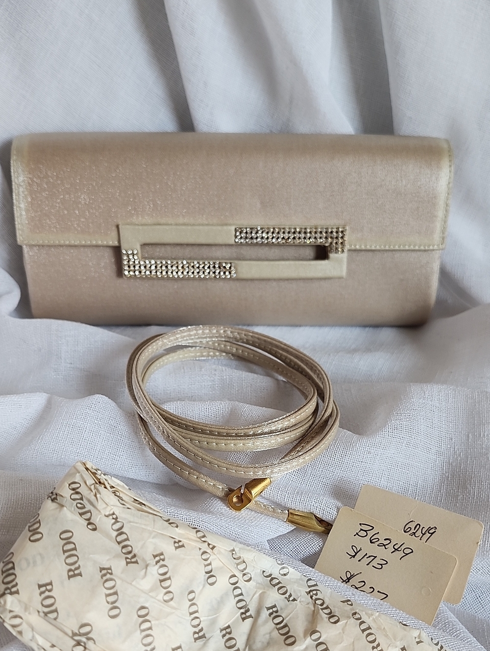 Rodo New Luxury Italian Pearlized Champagne & Rhinestone Crossbody/Clutch, $95